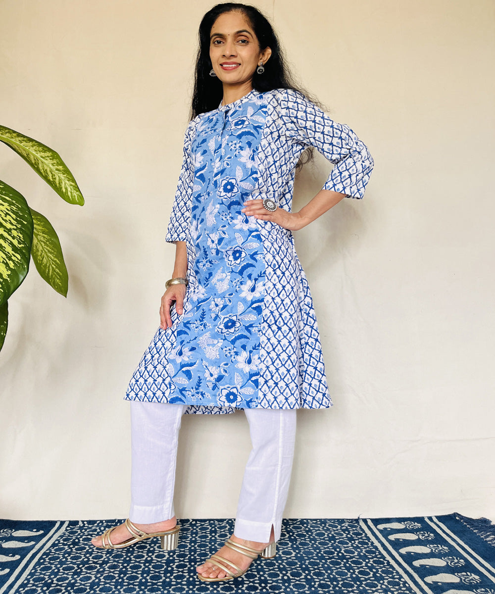 Blue dabu hand block printed cotton kurti