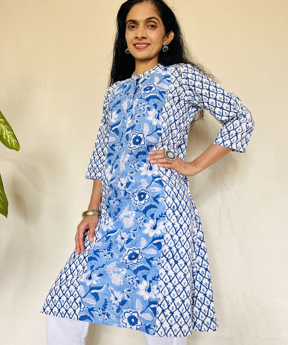 Blue dabu hand block printed cotton kurti