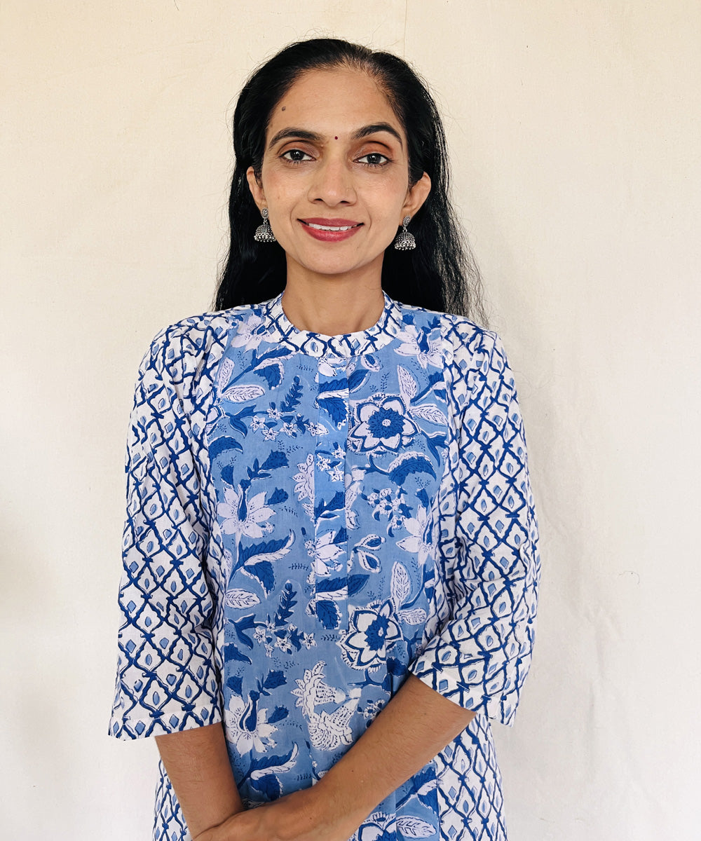 Blue dabu hand block printed cotton kurti