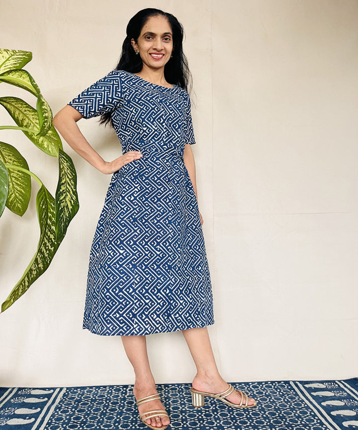 Indigo dyed cotton hand block printed dress