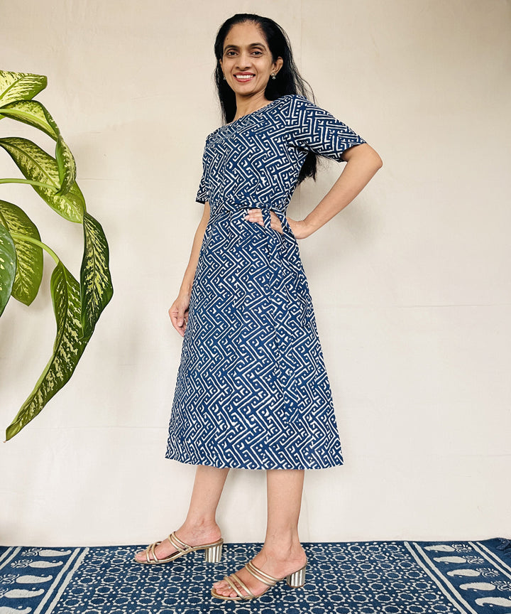 Indigo dyed cotton hand block printed dress