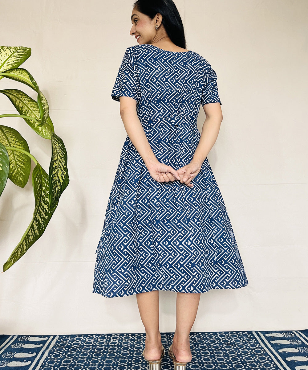 Indigo dyed cotton hand block printed dress