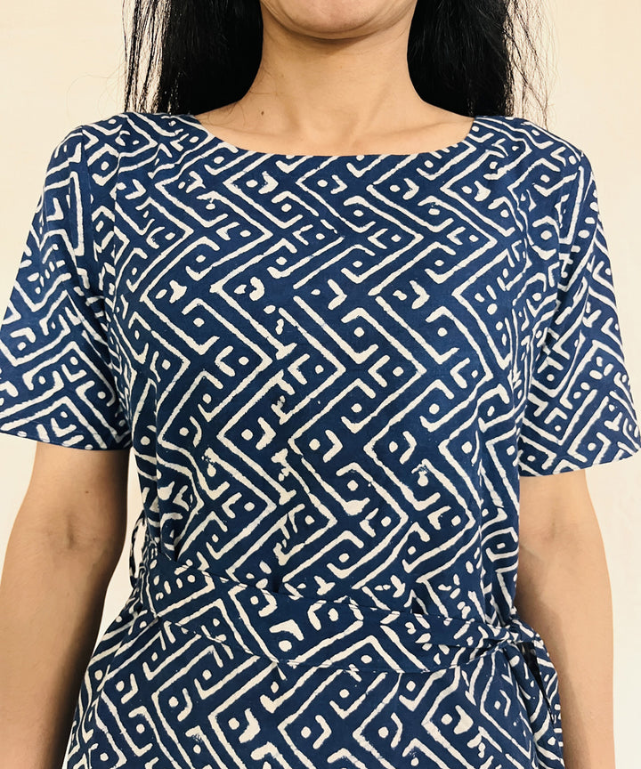 Indigo dyed cotton hand block printed dress