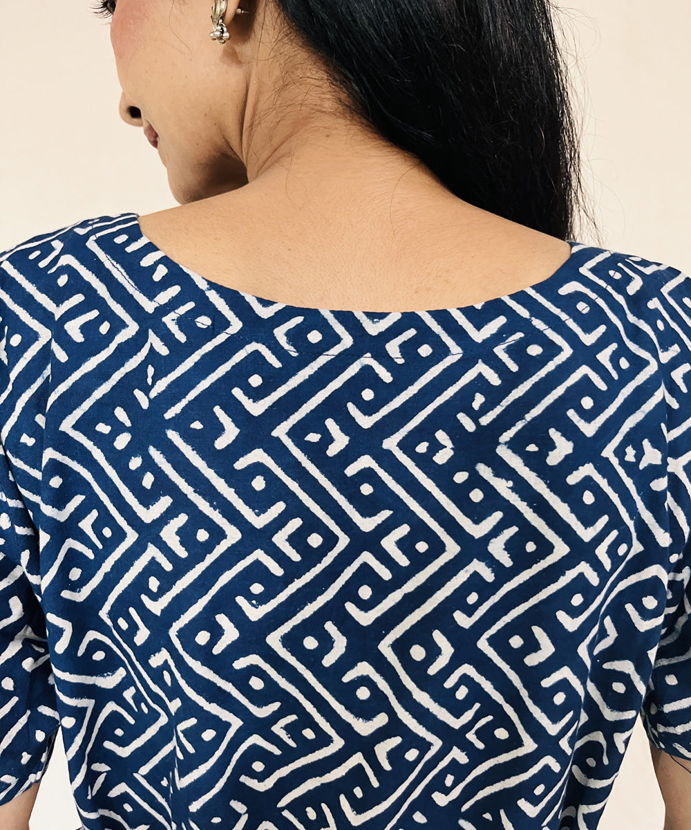 Indigo dyed cotton hand block printed dress