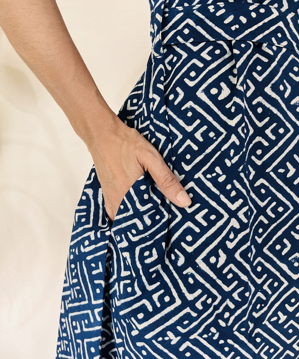 Indigo dyed cotton hand block printed dress