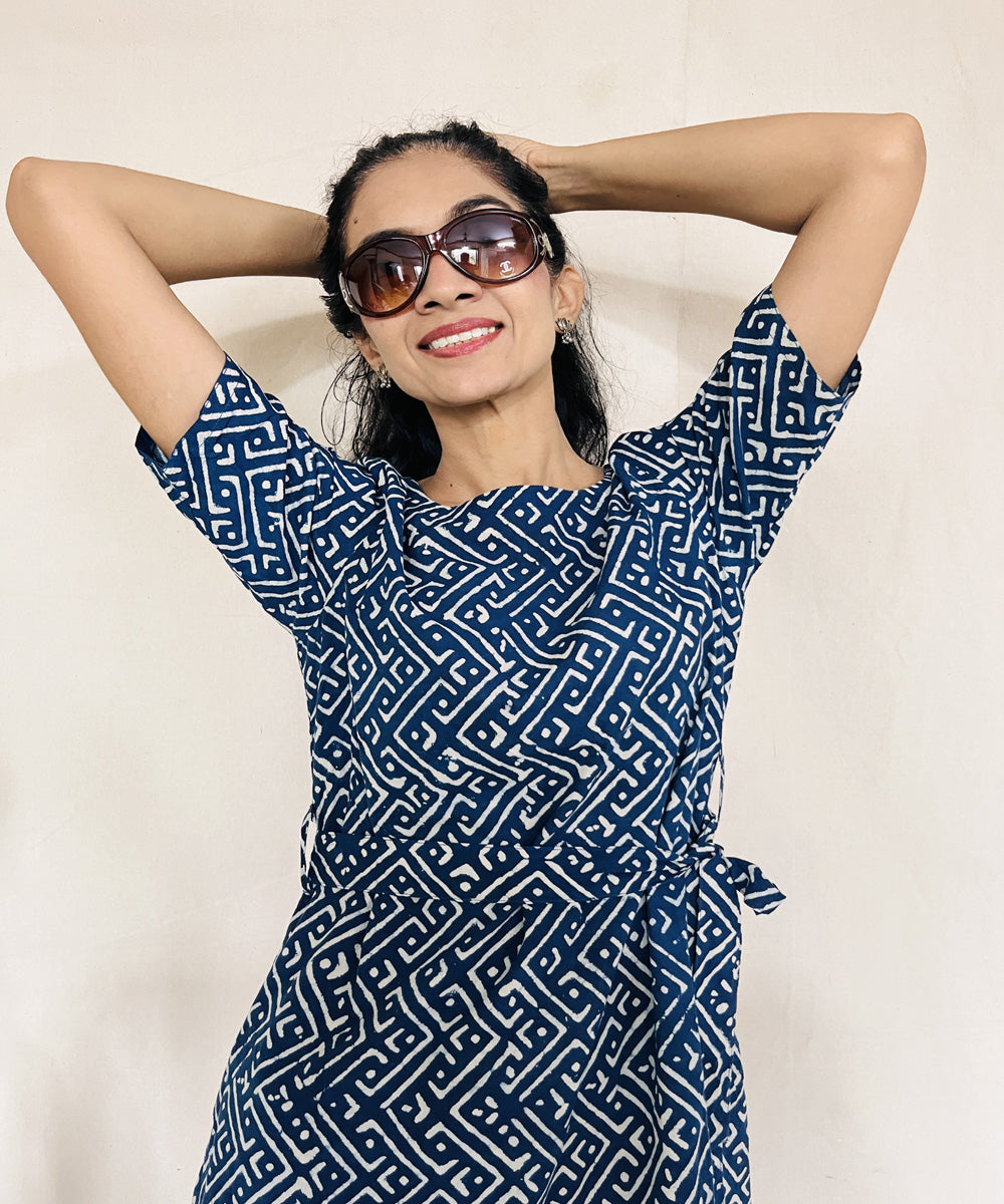 Indigo dyed cotton hand block printed dress