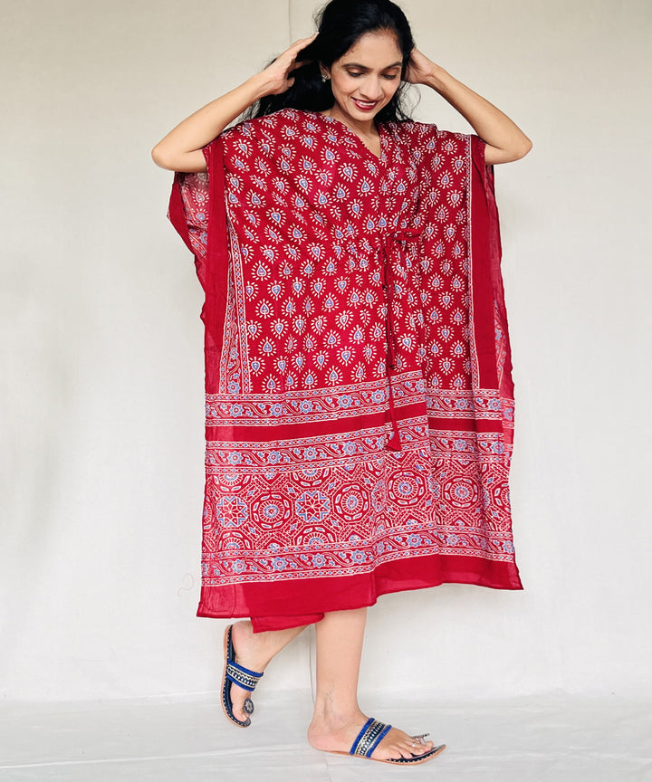 Red ajrakh hand block printed mul cotton kaftan