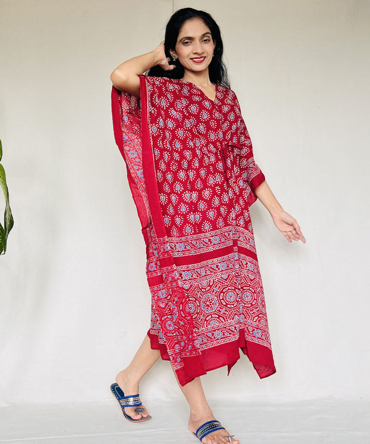 Red ajrakh hand block printed mul cotton kaftan
