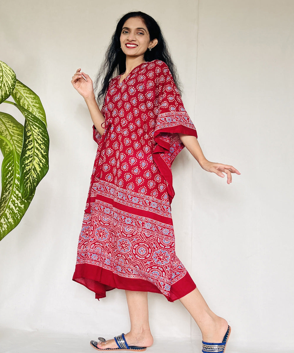 Red ajrakh hand block printed mul cotton kaftan