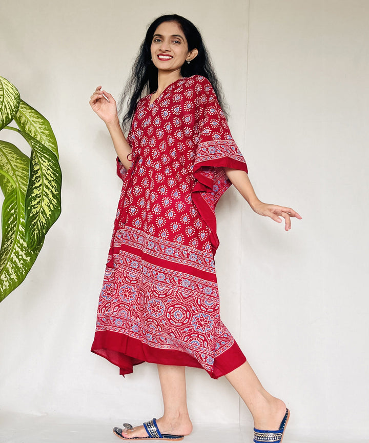 Red ajrakh hand block printed mul cotton kaftan
