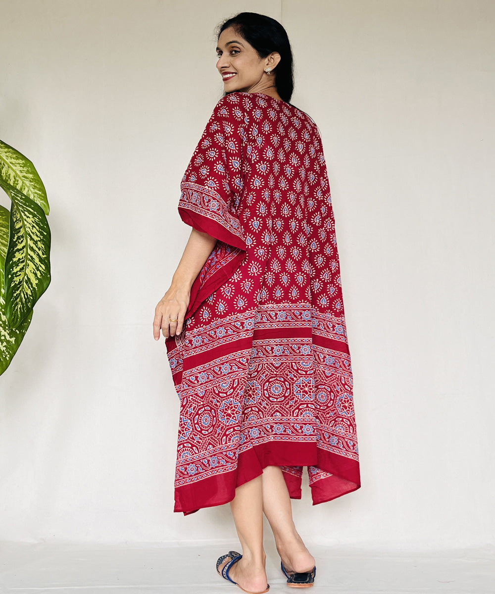Red ajrakh hand block printed mul cotton kaftan