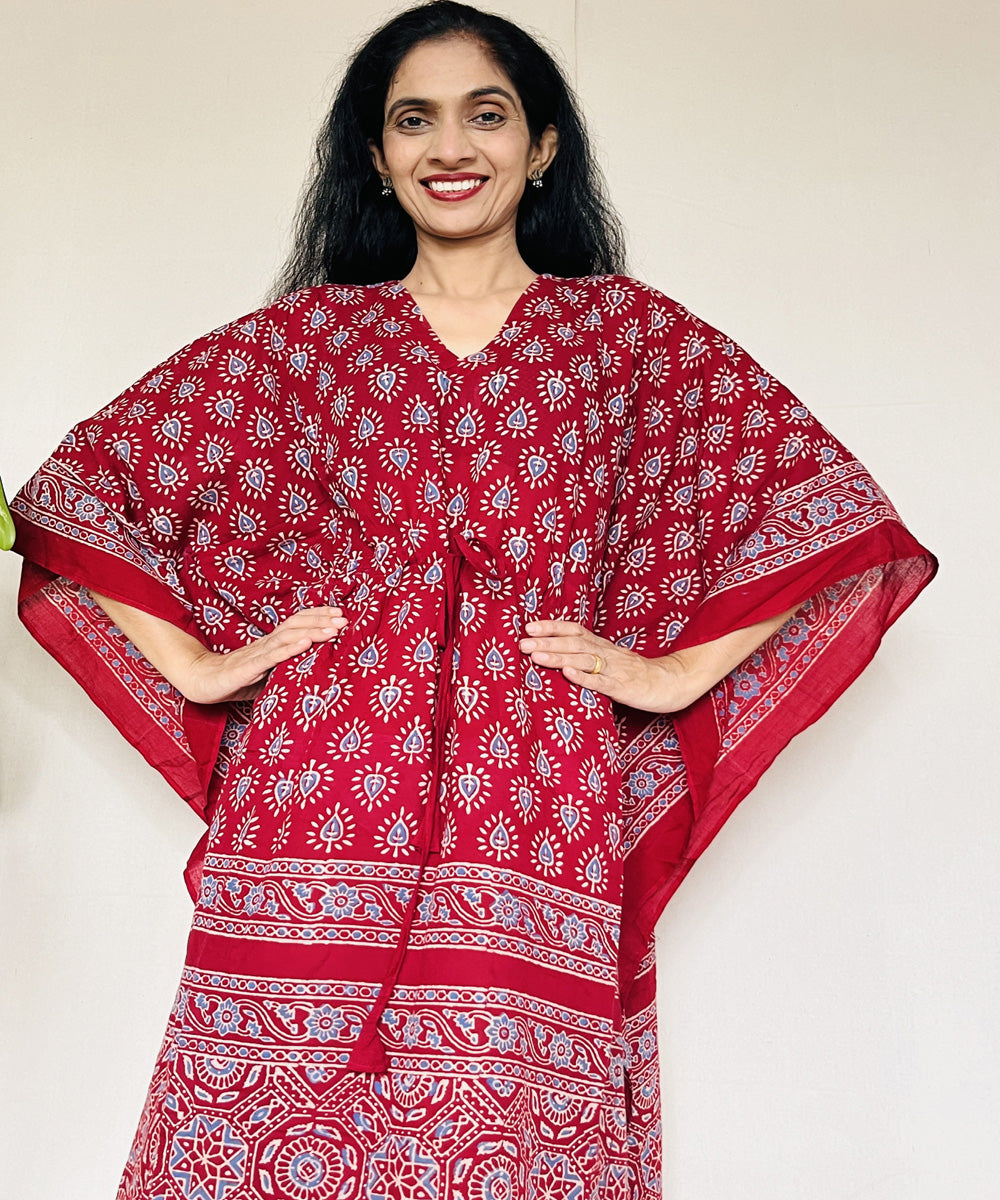 Red ajrakh hand block printed mul cotton kaftan