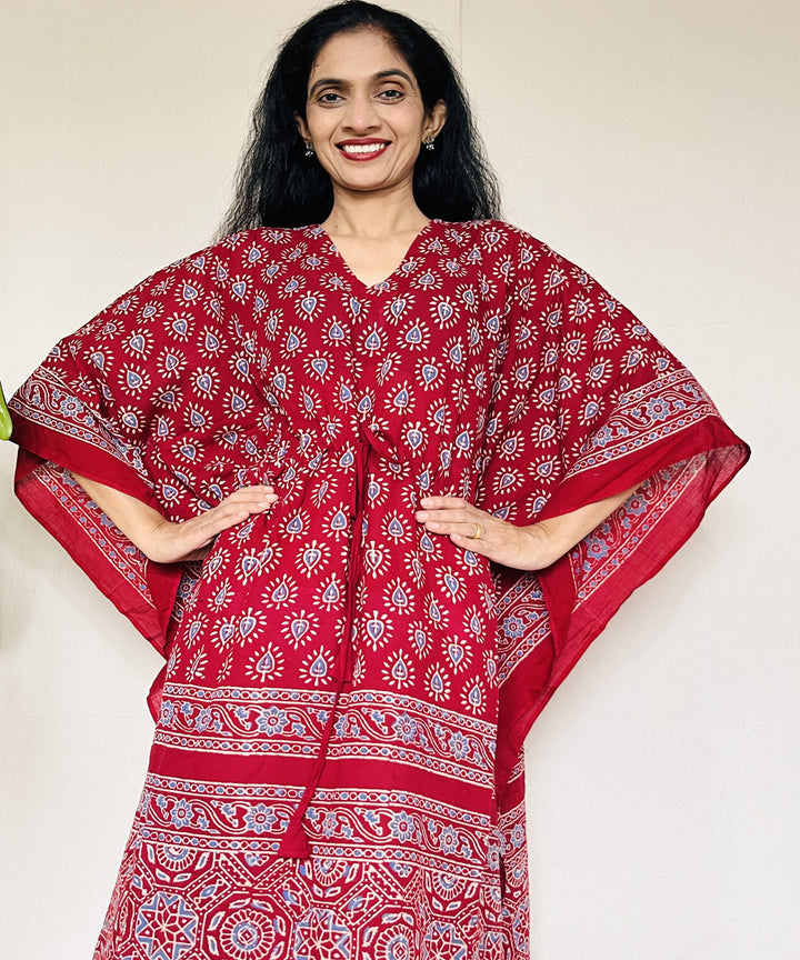 Red ajrakh hand block printed mul cotton kaftan