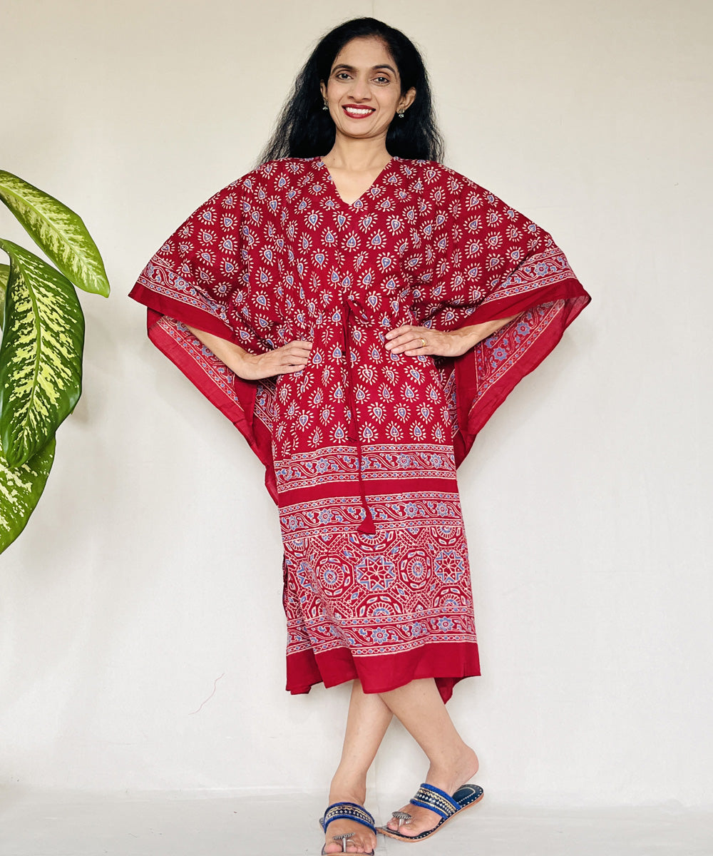 Red ajrakh hand block printed mul cotton kaftan