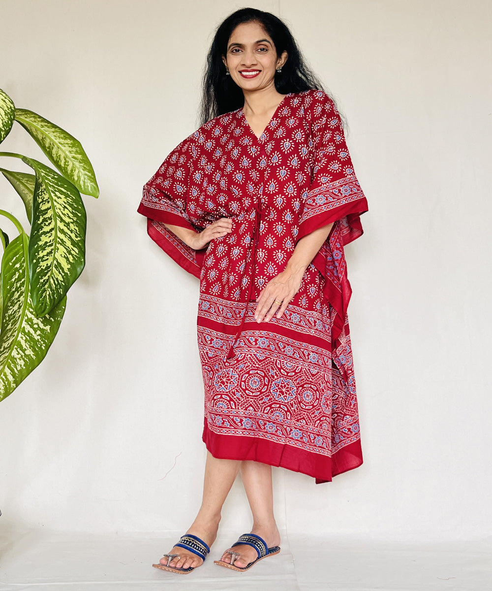 Red ajrakh hand block printed mul cotton kaftan