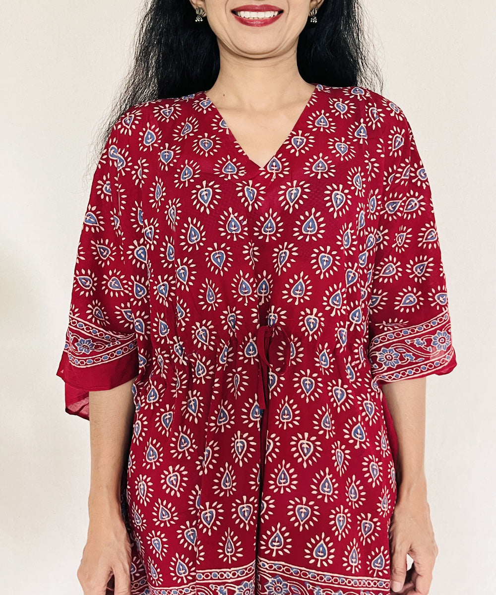 Red ajrakh hand block printed mul cotton kaftan