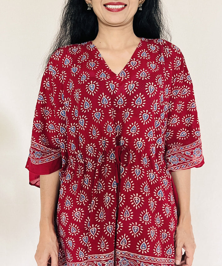 Red ajrakh hand block printed mul cotton kaftan