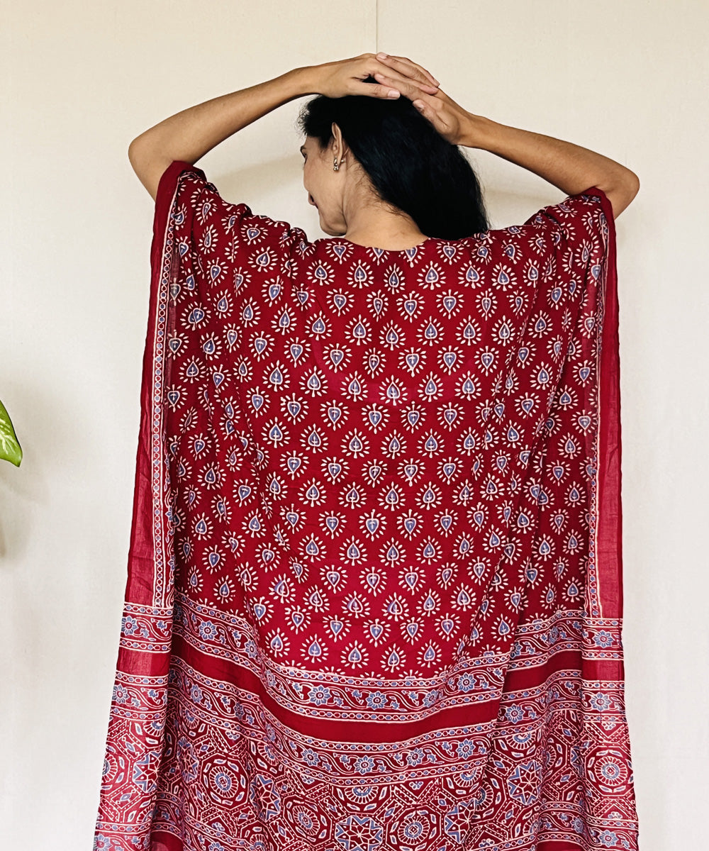 Red ajrakh hand block printed mul cotton kaftan