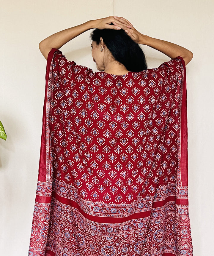 Red ajrakh hand block printed mul cotton kaftan