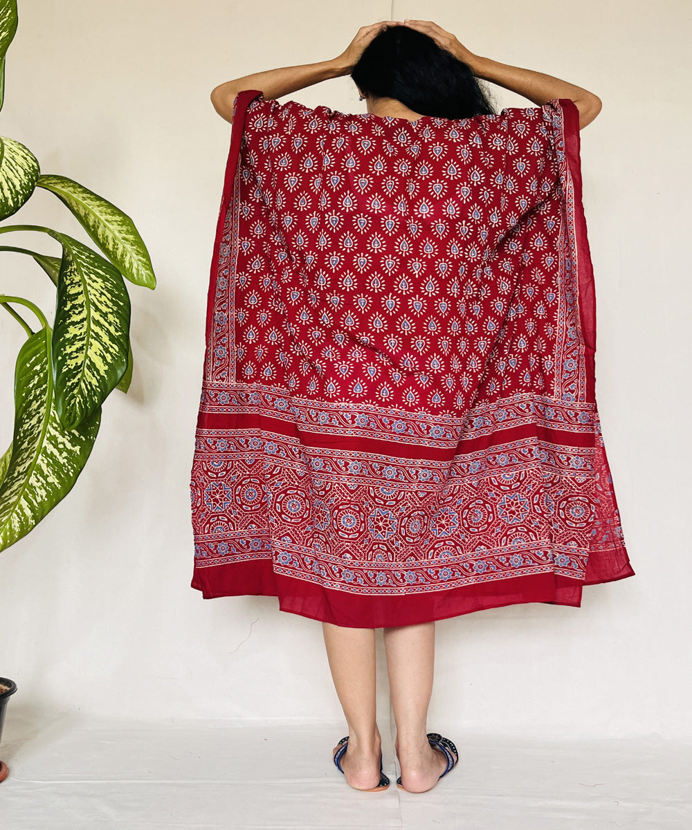 Red ajrakh hand block printed mul cotton kaftan