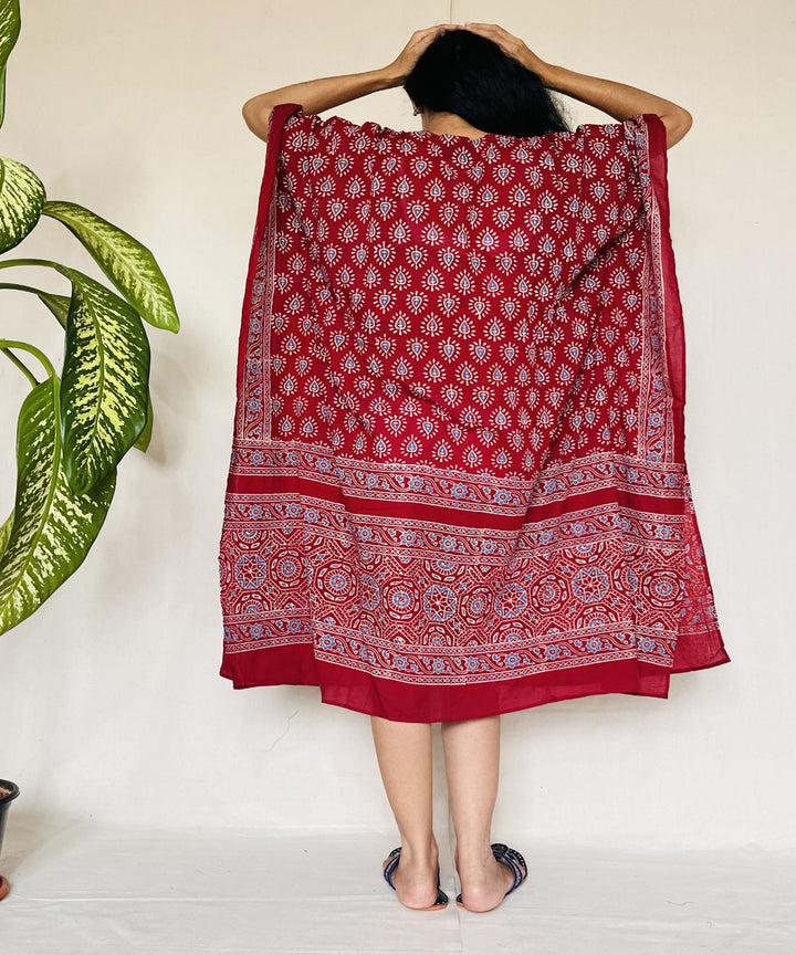 Red ajrakh hand block printed mul cotton kaftan