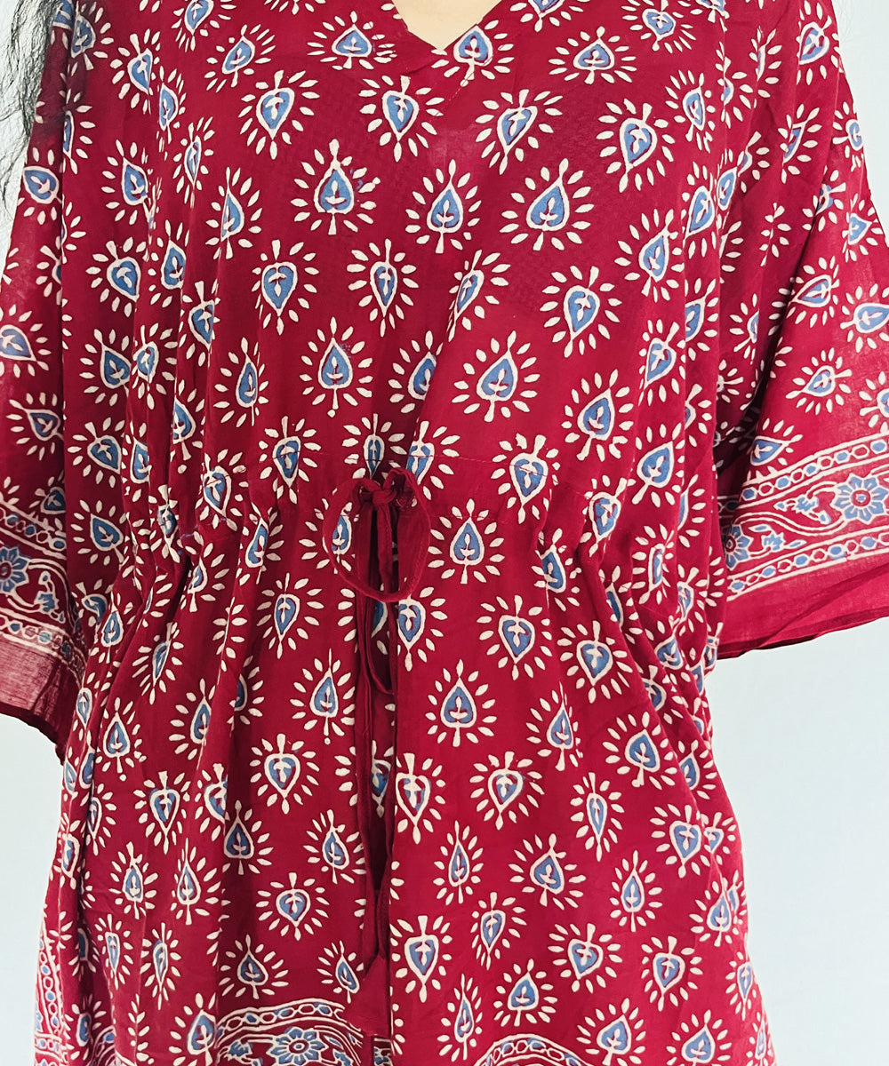 Red ajrakh hand block printed mul cotton kaftan