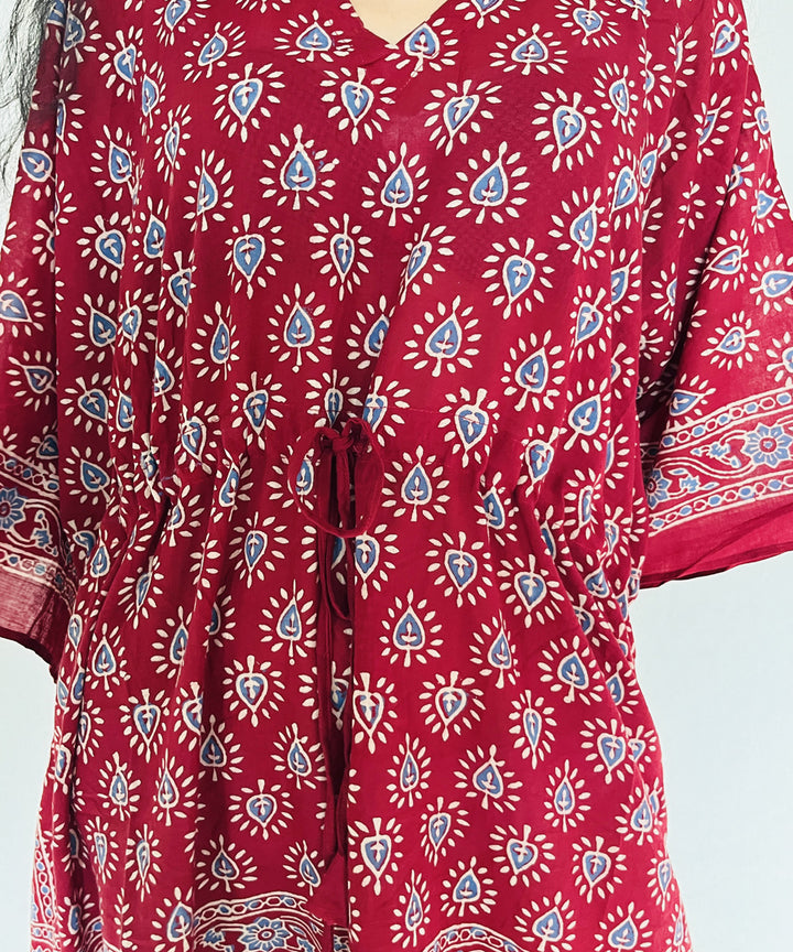 Red ajrakh hand block printed mul cotton kaftan