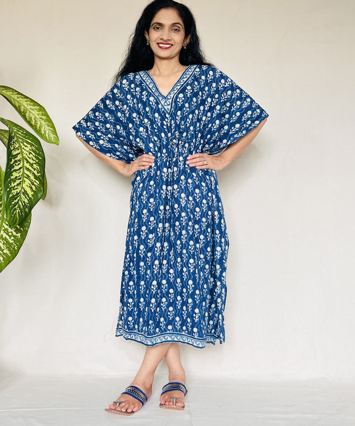 Indigo hand block printed mul cotton kaftan