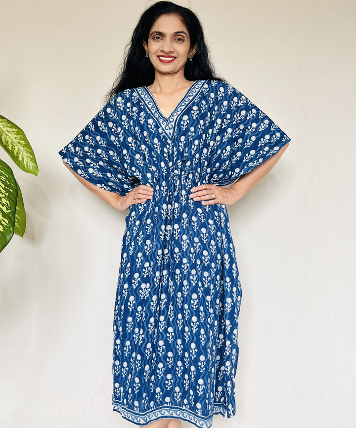 Indigo hand block printed mul cotton kaftan