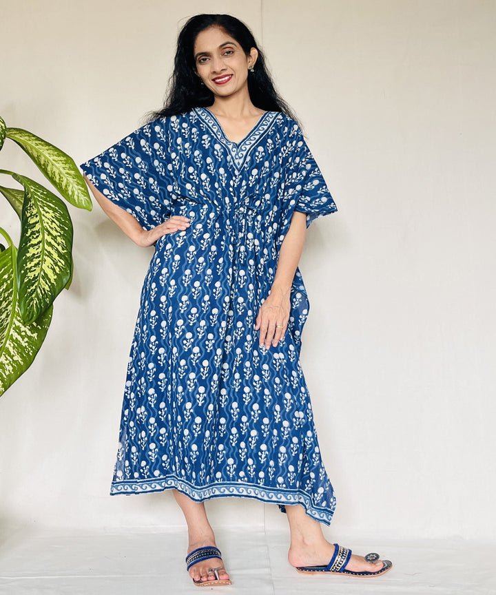 Indigo hand block printed mul cotton kaftan