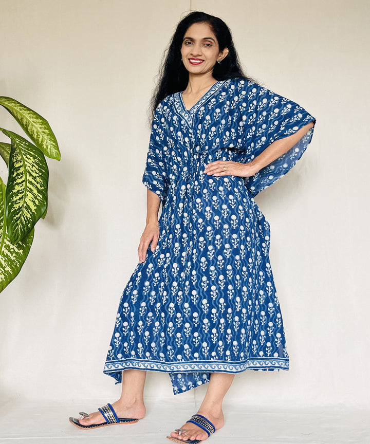 Indigo hand block printed mul cotton kaftan