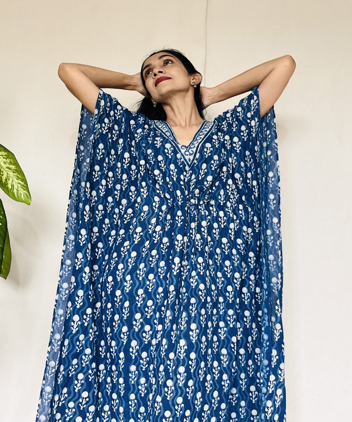 Indigo hand block printed mul cotton kaftan