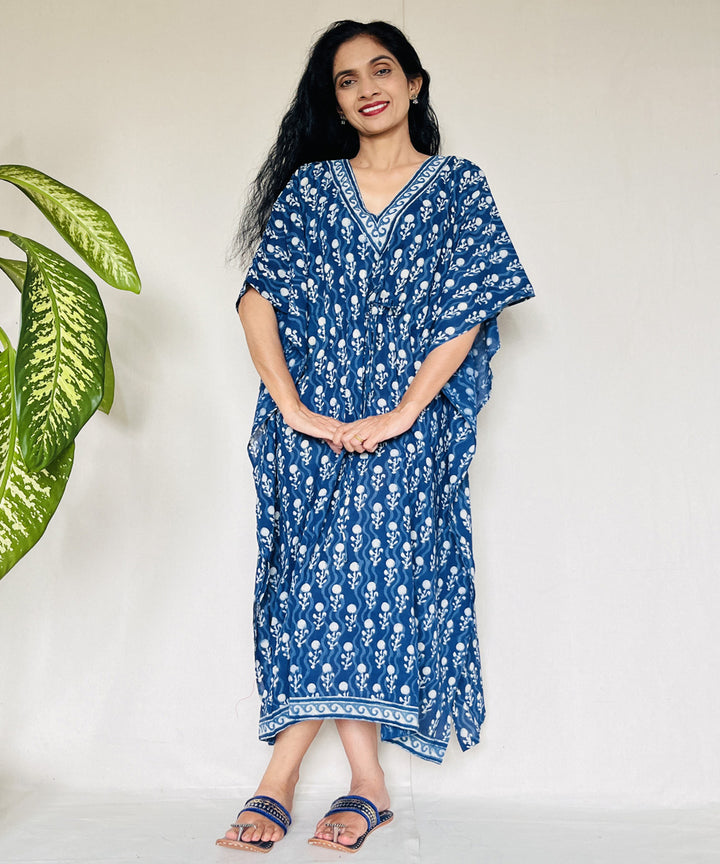 Indigo hand block printed mul cotton kaftan