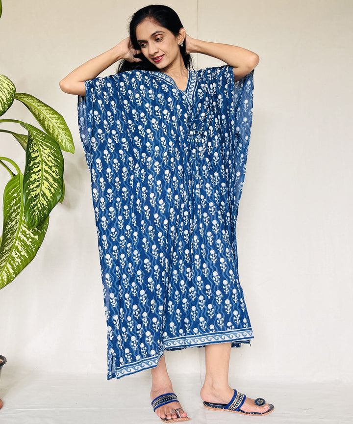 Indigo hand block printed mul cotton kaftan