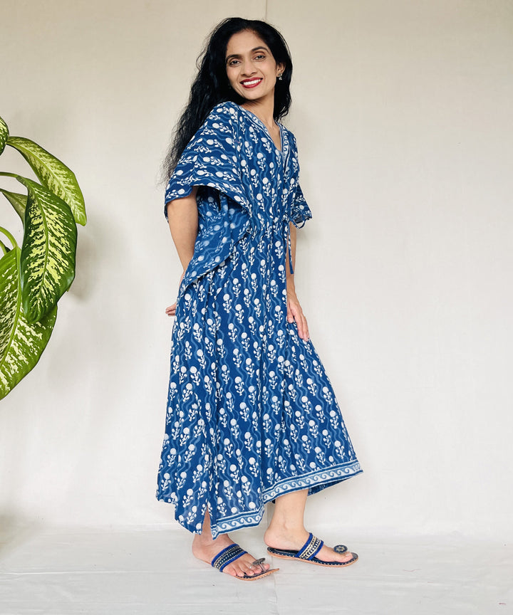 Indigo hand block printed mul cotton kaftan