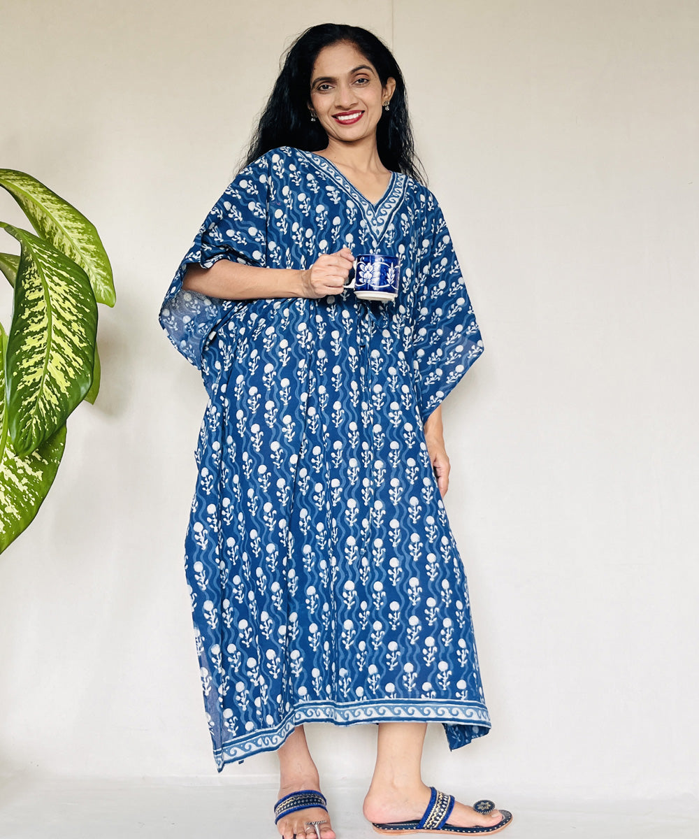 Indigo hand block printed mul cotton kaftan