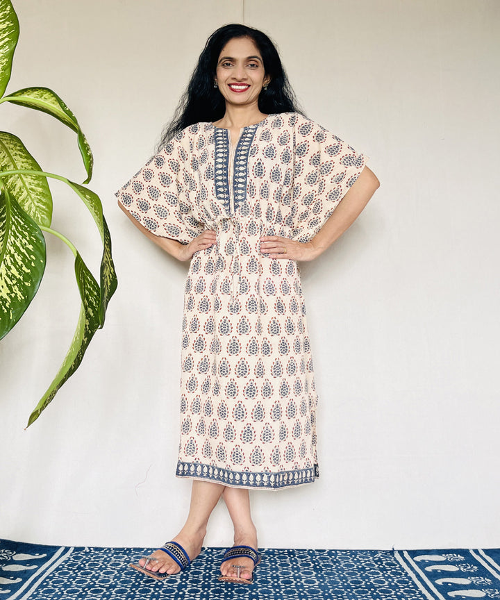 Beige red hand block printed mul cotton kaftan