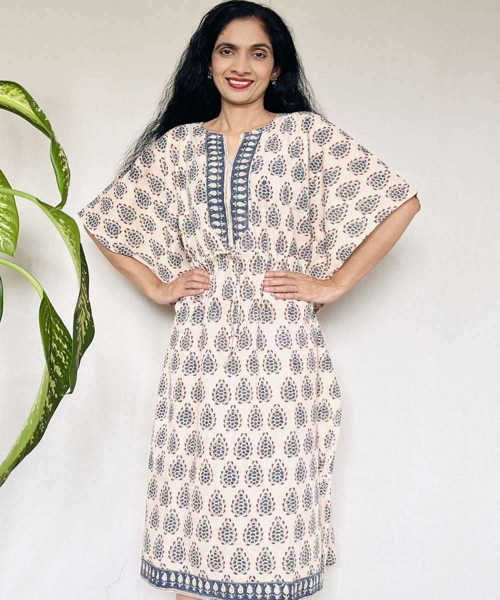 Beige red hand block printed mul cotton kaftan