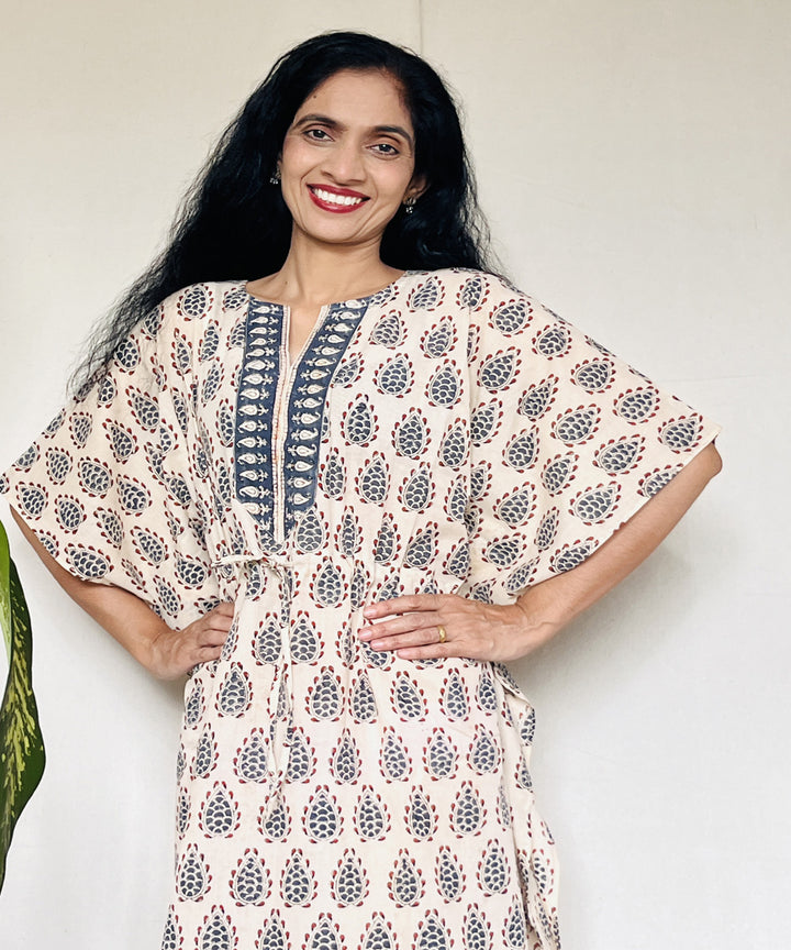 Beige red hand block printed mul cotton kaftan