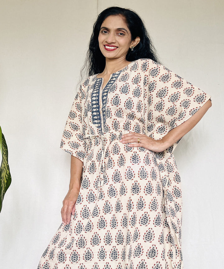 Beige red hand block printed mul cotton kaftan