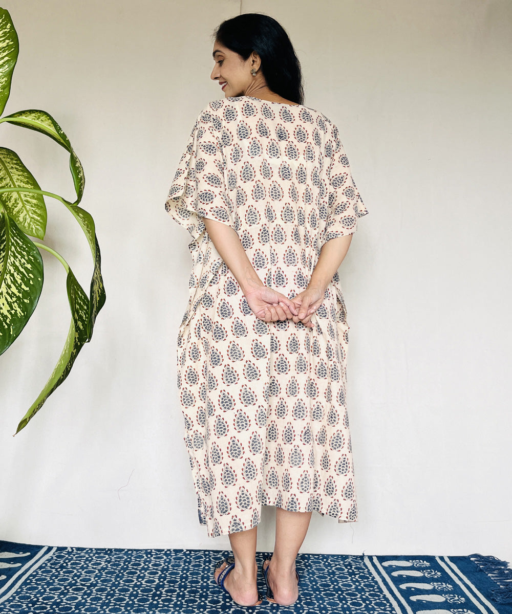 Beige red hand block printed mul cotton kaftan