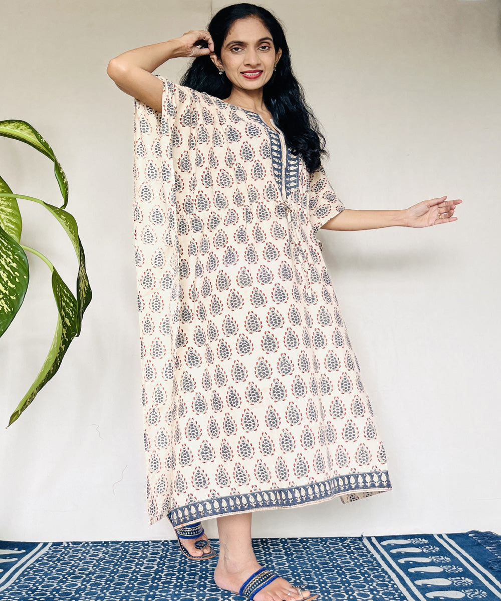 Beige red hand block printed mul cotton kaftan