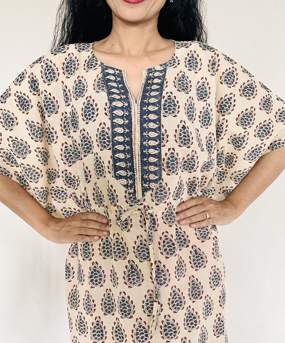 Beige red hand block printed mul cotton kaftan