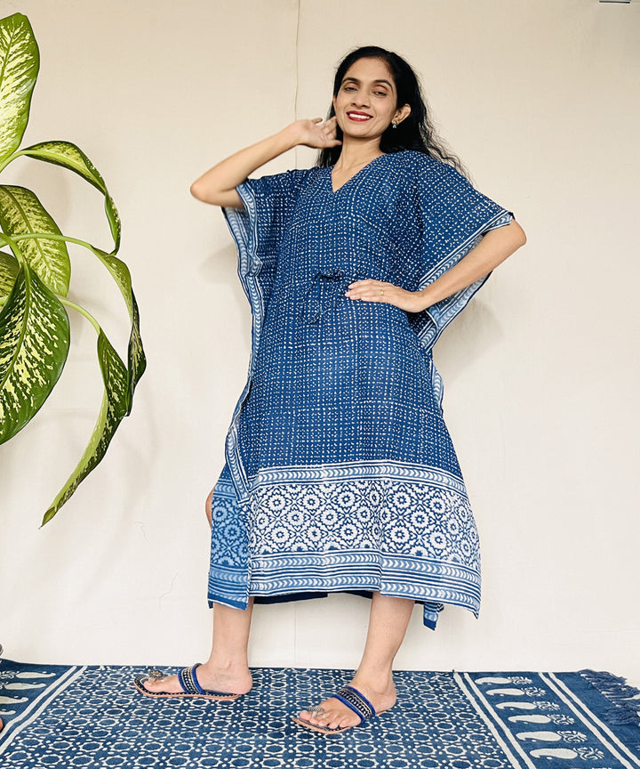 Indigo dyed hand block printed mul cotton kaftan