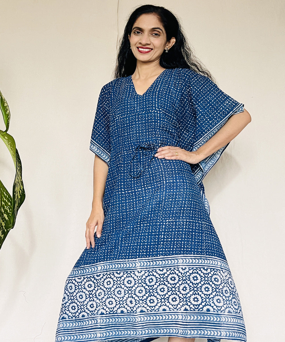 Indigo dyed hand block printed mul cotton kaftan