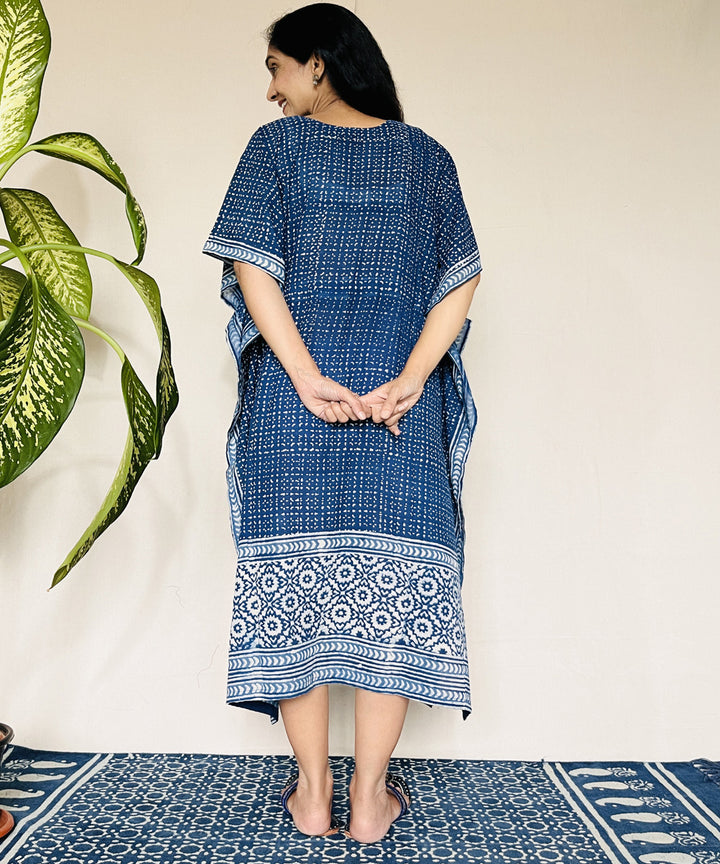 Indigo dyed hand block printed mul cotton kaftan