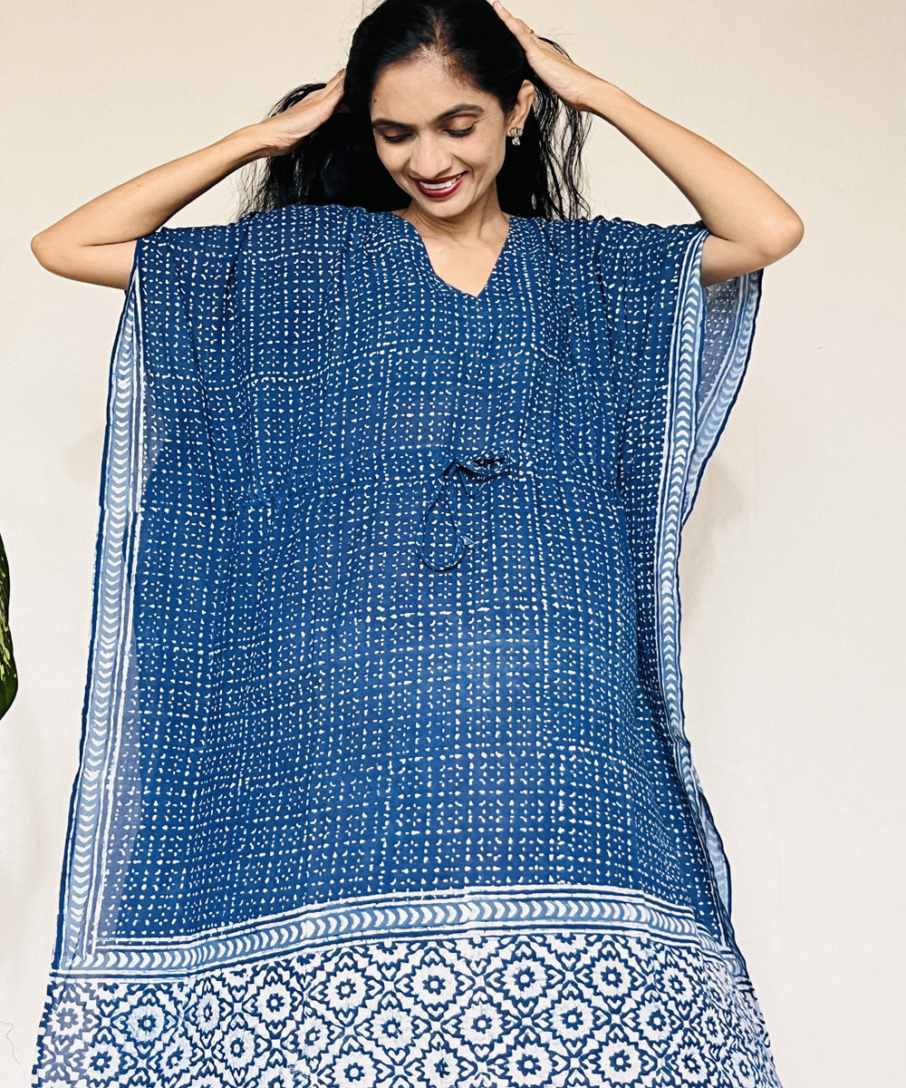 Indigo dyed hand block printed mul cotton kaftan