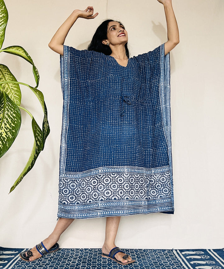 Indigo dyed hand block printed mul cotton kaftan