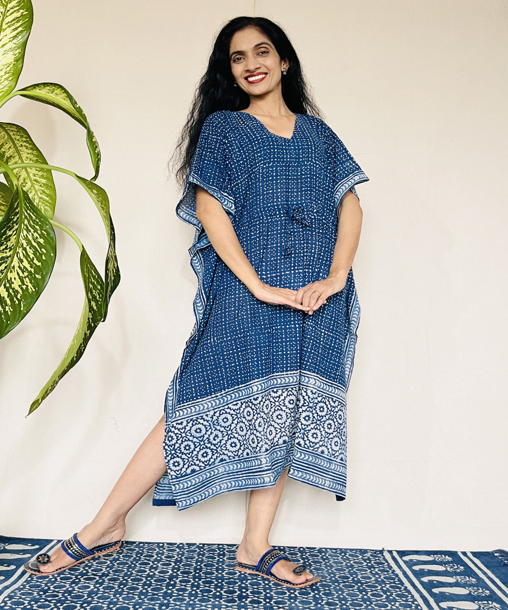 Indigo dyed hand block printed mul cotton kaftan