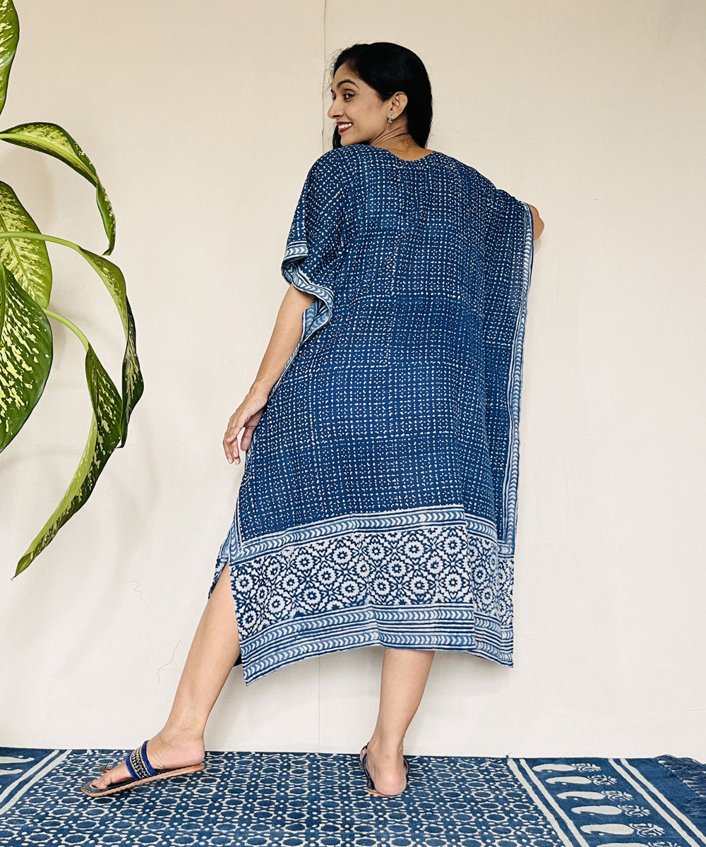 Indigo dyed hand block printed mul cotton kaftan